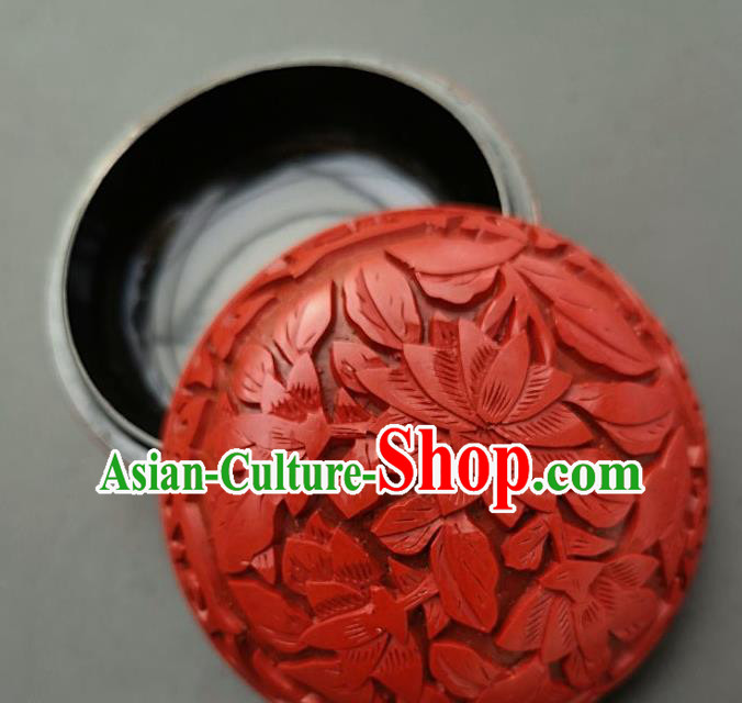 Chinese Traditional Handmade Carving Lotus Rouge Box Red Lacquerware Craft Inkpad Box