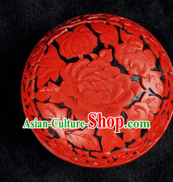 Chinese Traditional Handmade Carving Peony Rouge Box Red Lacquerware Craft Inkpad Box