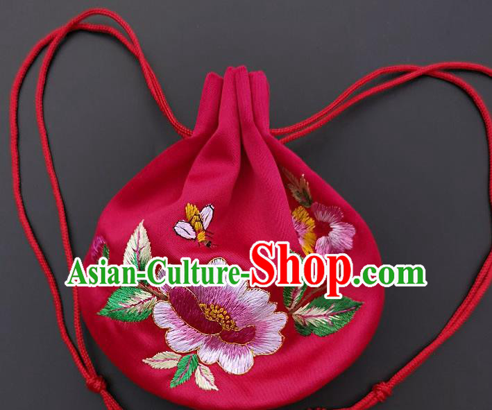 Chinese Traditional Handmade Embroidered Peony Rosy Silk Sachet Perfumed Silk Bag