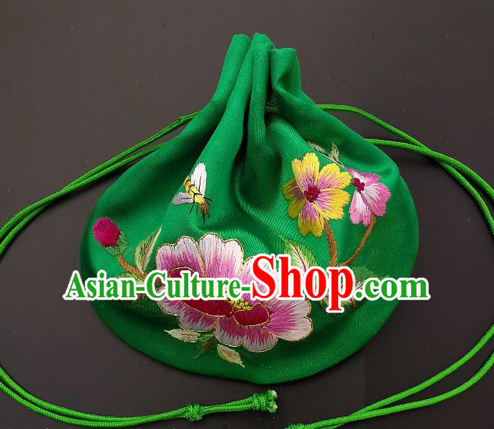 Chinese Traditional Handmade Embroidered Peony Green Silk Sachet Perfumed Silk Bag