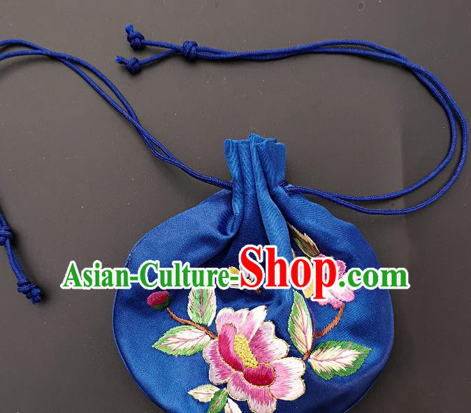 Chinese Traditional Handmade Embroidered Peony Royalblue Silk Sachet Perfumed Silk Bag