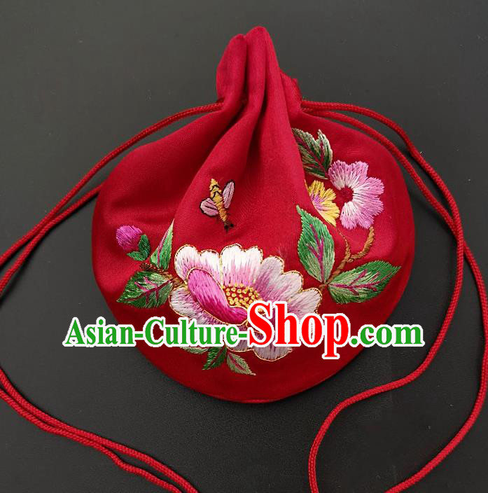 Chinese Traditional Handmade Embroidered Peony Red Silk Sachet Perfumed Silk Bag