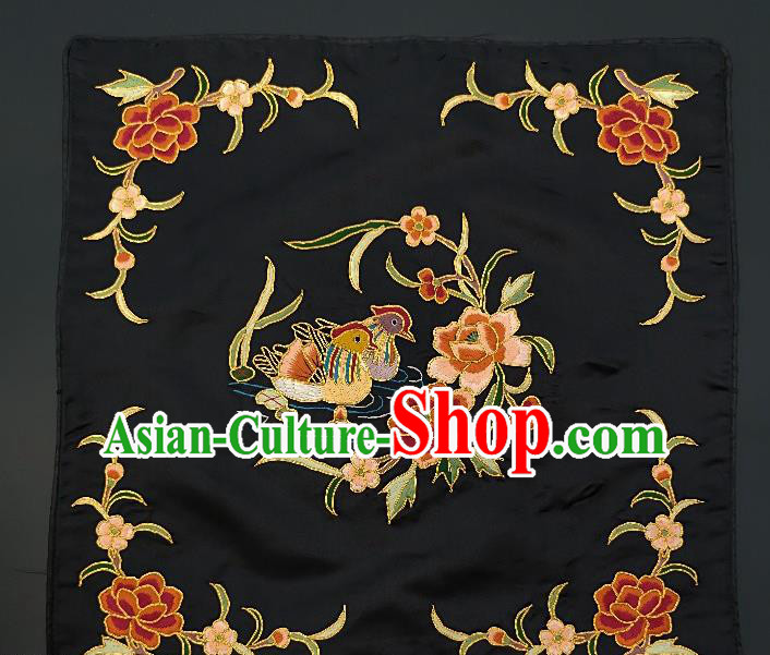 Chinese Traditional Embroidered Orange Peony Mandarin Duck Cushion Fabric Handmade Embroidery Craft Embroidering Black Silk Applique