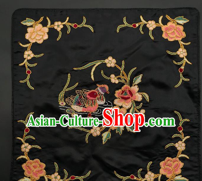 Chinese Traditional Embroidered Pink Peony Mandarin Duck Cushion Fabric Handmade Embroidery Craft Embroidering Black Silk Applique