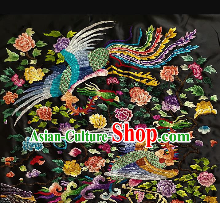 Chinese Traditional Embroidered Blue Phoenix Peony Fabric Patches Handmade Embroidery Craft Embroidering Silk Applique
