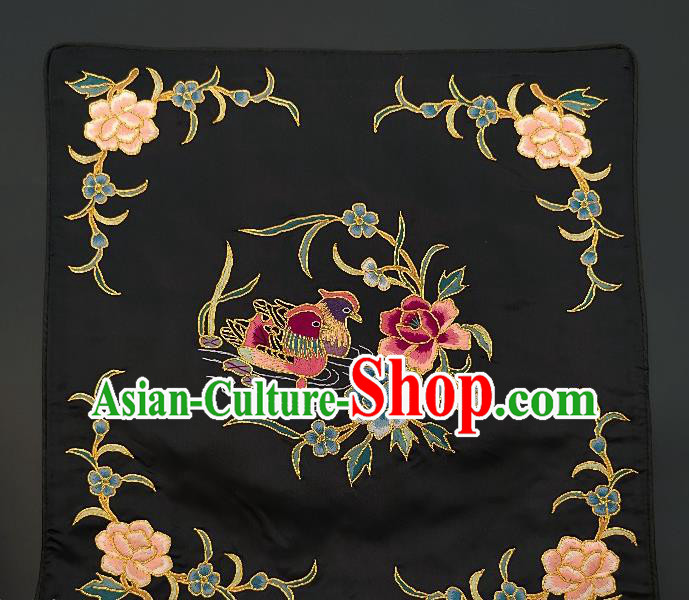 Chinese Traditional Embroidered Peony Mandarin Duck Cushion Fabric Handmade Embroidery Craft Embroidering Black Silk Applique