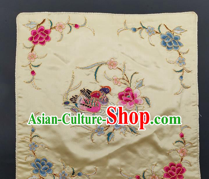 Chinese Traditional Embroidered Rosy and Blue Peony Mandarin Duck Cushion Fabric Handmade Embroidery Craft Embroidering White Silk Pillowslip Applique