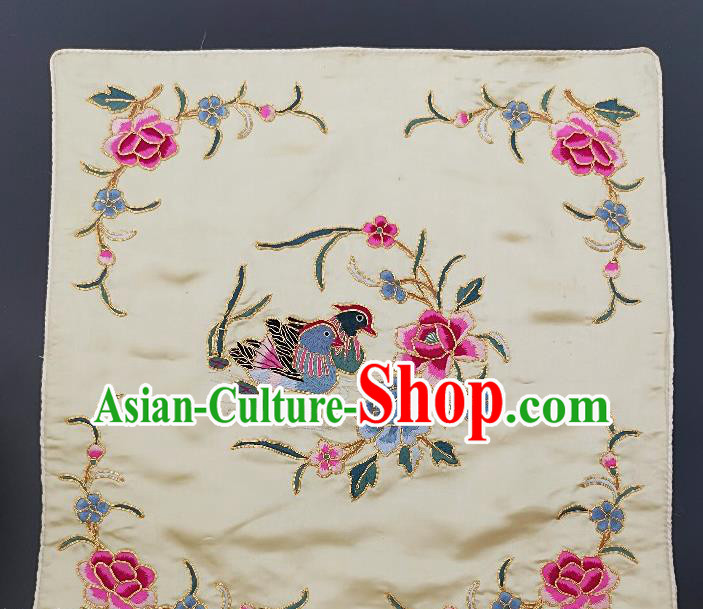 Chinese Traditional Embroidered Pink Peony Mandarin Duck Cushion Fabric Handmade Embroidery Craft Embroidering White Silk Pillowslip Applique
