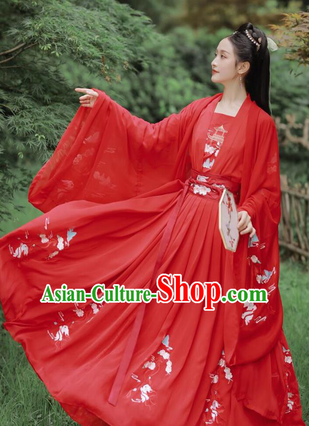 Chinese Tang Dynasty Embroidered Costumes Traditional Ancient Princess Hanfu Garment Red Cloak Blouse and Skirt for Women