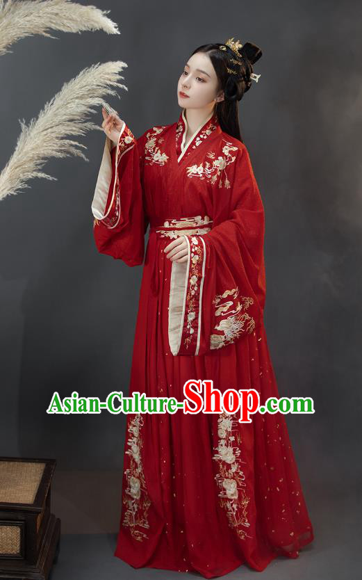 Traditional Chinese Jin Dynasty Princess Costumes Ancient Wedding Hanfu Garment Embroidered Red Blouse and Skirt for Patrician Woman