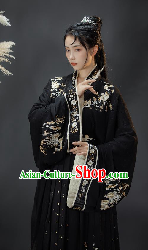 Traditional Chinese Jin Dynasty Swordsman Costumes Ancient Noble Childe Hanfu Garment Embroidered Black Blouse and Skirt Full Set