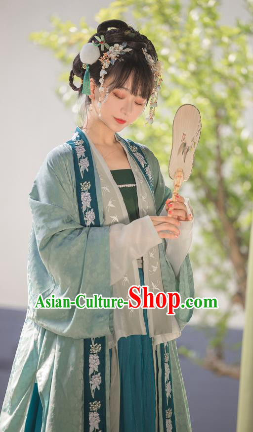 Traditional Chinese Song Dynasty Court Costumes Ancient Princess Hanfu Garment Embroidered Green BeiZi Blouse Top and Skirt Complete Set