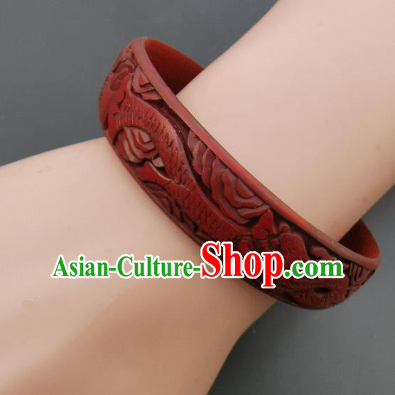 Chinese Handmade Carving Dragonfish Lacquer Bracelet Traditional Lacquerware Craft Red Bangle Accessories