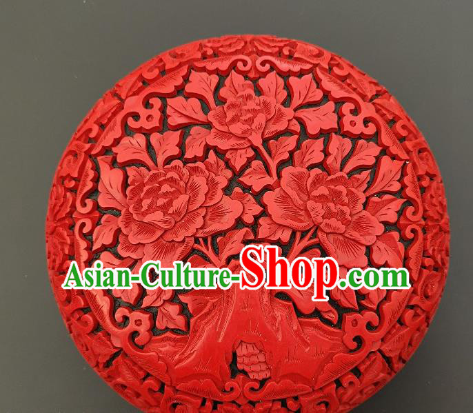 Chinese Handmade Carving Peony Lacquer Inkpad Box Traditional Lacquerware Craft Wedding Red Rouge Box