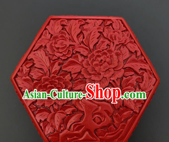 Chinese Handmade Carving Peony Lacquer Hexagon Inkpad Box Traditional Lacquerware Craft Wedding Red Rouge Box