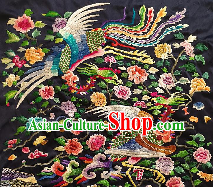 Traditional Chinese Embroidered Phoenix Peony Black Silk Fabric Patches Handmade Embroidery Craft Accessories Embroidering Dress Applique