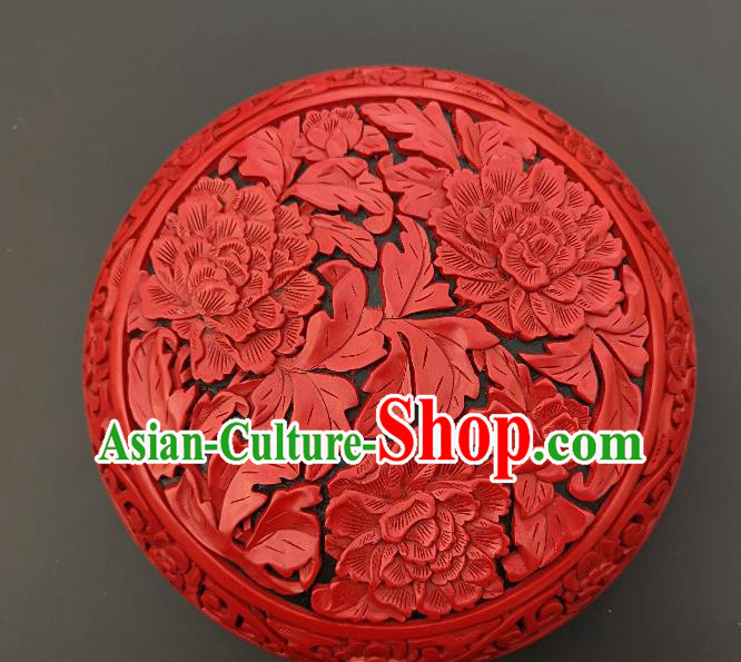 Chinese Handmade Carving Peony Round Lacquer Inkpad Box Traditional Lacquerware Craft Wedding Red Rouge Box