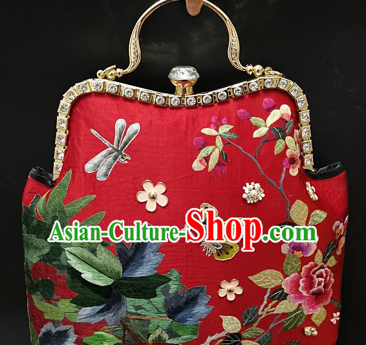 Chinese Traditional Embroidered Peony Butterfly Handbag Handmade Embroidery Red Bag for Women