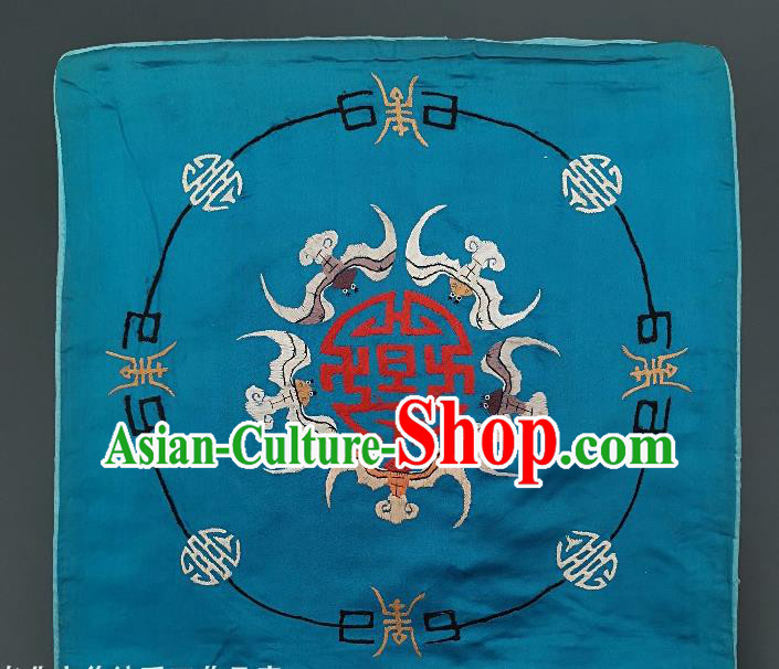 Traditional Chinese Embroidered Five Bats Fabric Patches Handmade Embroidery Craft Accessories Embroidering Blue Silk Cushion Applique