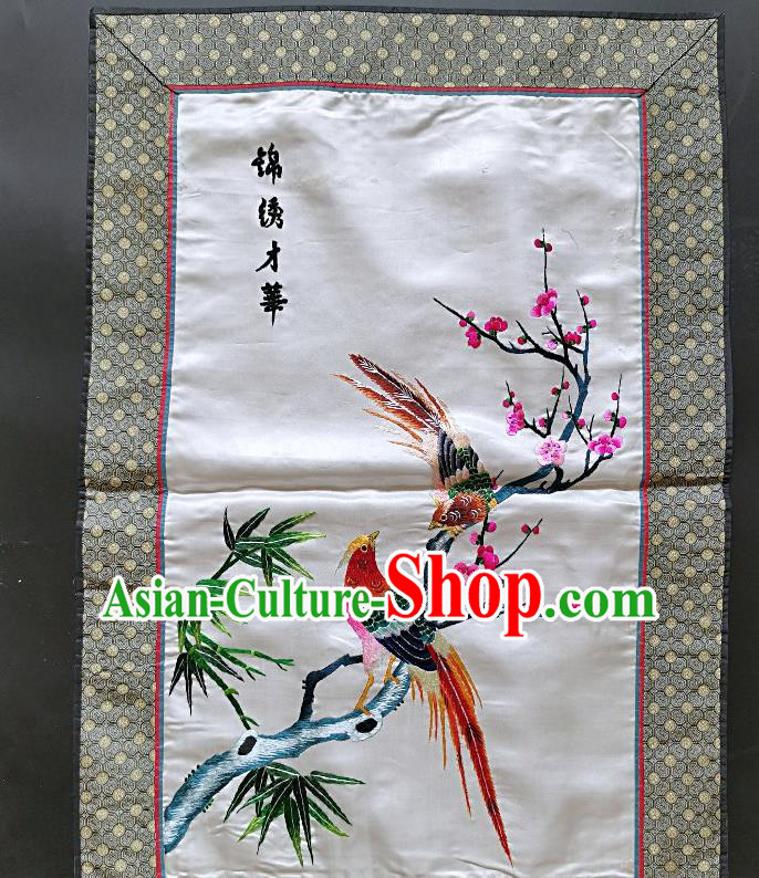 Chinese National Embroidered Paintings Traditional Handmade Embroidery Plum Birds Craft Decorative White Silk Wall Picture