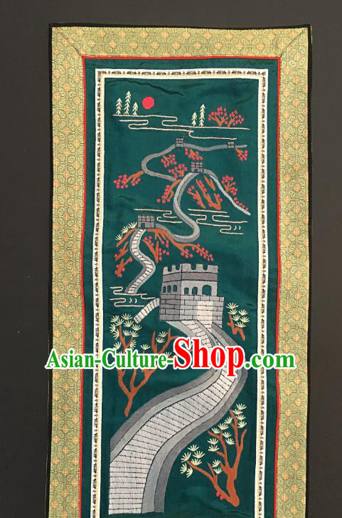 Chinese National Embroidered Deep Green Paintings Traditional Handmade Embroidery The Great Wall Craft Decorative Silk Picture
