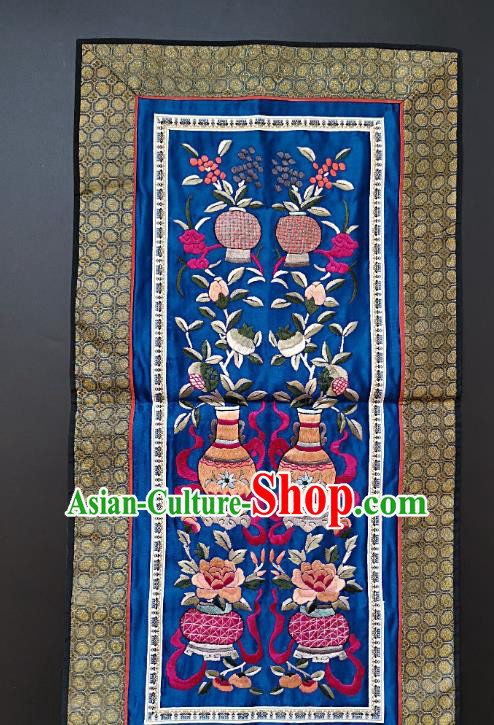 Chinese National Embroidered Flowers Vase Paintings Traditional Handmade Embroidery Decorative Royalblue Silk Picture Craft