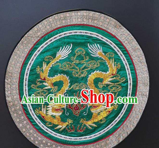 Traditional Chinese Embroidered Double Dragons Green Fabric Hand Embroidering Dress Round Applique Embroidery Cushion Patches Accessories