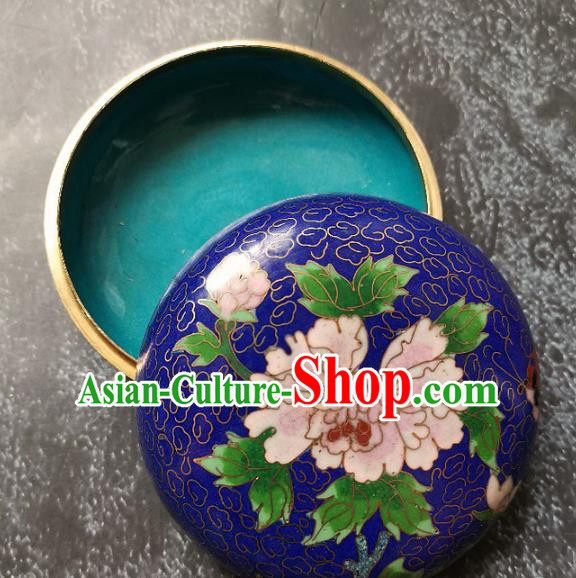 Chinese Traditional Enamel Royalblue Inkpad Box Accessories Cloisonne Peony Pattern Rouge Box Handmade Brass Craft