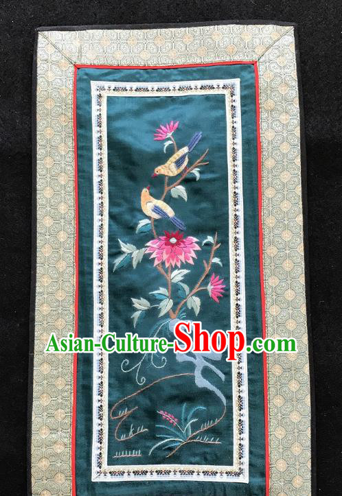 Chinese National Embroidered Chrysanthemum Bird Paintings Traditional Handmade Embroidery Decorative Dark Green Silk Picture Craft