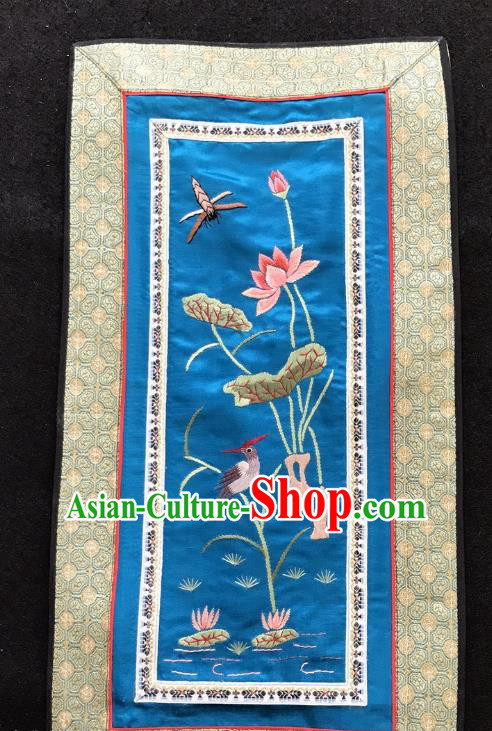 Chinese National Embroidered Lotus Paintings Traditional Handmade Embroidery Decorative Royalblue Silk Picture Craft