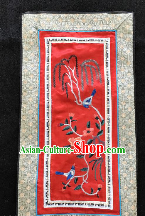 Chinese National Embroidered Willow Bird Paintings Traditional Handmade Embroidery Decorative Red Silk Picture Craft