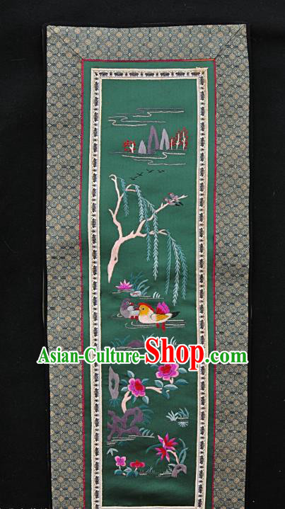 Chinese National Embroidered Mandarin Duck Green Silk Painting Traditional Handmade Embroidery Craft Embroidering Decorative Wall Picture
