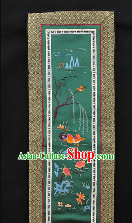 Chinese National Embroidered Orange Mandarin Duck Green Silk Painting Traditional Handmade Embroidery Craft Embroidering Decorative Wall Picture