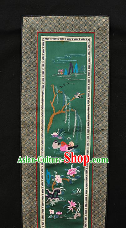 Chinese National Embroidered Pink Mandarin Duck Green Silk Painting Traditional Handmade Embroidery Craft Embroidering Decorative Wall Picture