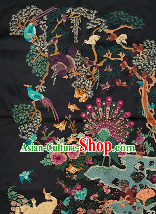 Traditional Chinese Embroidered Peacock Birds Fabric Hand Embroidering Dress Applique Embroidery Black Silk Patches Accessories