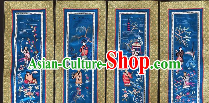 Chinese National Embroidered Eight Immortals Blue Silk Painting Traditional Handmade Embroidery Craft Folding Screen Decorative Picture