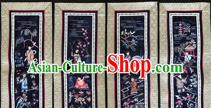 Chinese National Embroidered Eight Immortals Navy Silk Painting Traditional Handmade Embroidery Craft Folding Screen Decorative Picture