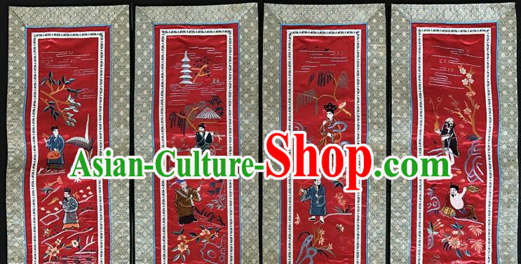 Chinese National Embroidered Eight Immortals Red Silk Painting Traditional Handmade Embroidery Craft Folding Screen Decorative Picture