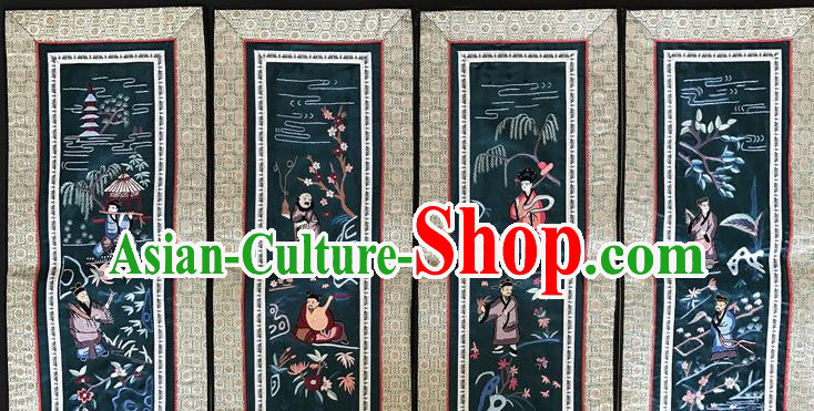 Chinese National Embroidered Eight Immortals Green Silk Painting Traditional Handmade Embroidery Craft Folding Screen Decorative Picture