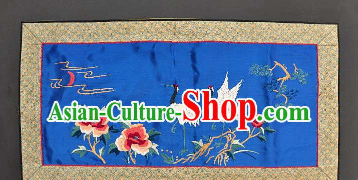 Chinese National Embroidered Crane Peony Royalblue Silk Paintings Traditional Handmade Embroidery Craft Decorative Wall Picture