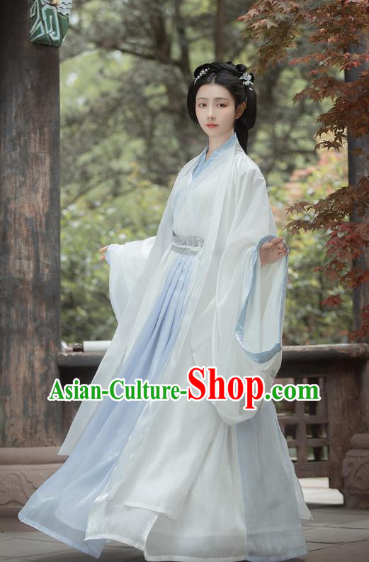 Chinese Jin Dynasty Noble Princess Costumes Traditional Ancient Goddess Hanfu Garment White Cloak Blouse and Skirt Full Set