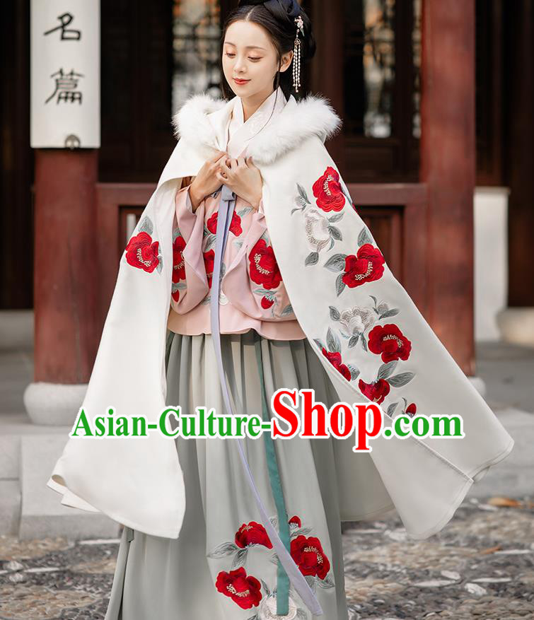 Chinese Ming Dynasty Noble Lady Costumes Traditional Ancient Princess Hanfu Garment Embroidered Short Cape Blouse and Skirt Full Set