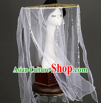 Chinese Traditional Ancient Swordswoman Headwear Handmade Princess Hanfu White Chiffon Veil Bamboo Hat