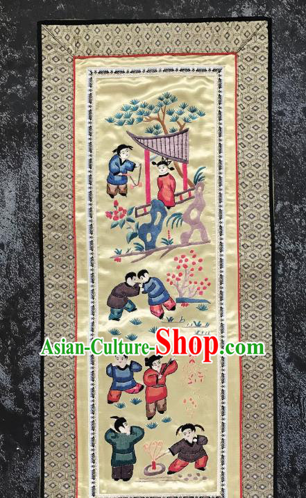 Chinese National Embroidered Boys Paintings Traditional Handmade Embroidery Decorative Light Yellow Silk Picture Craft