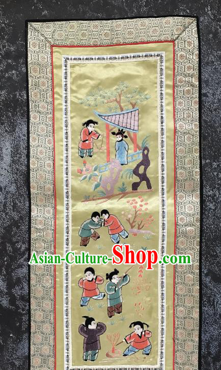 Chinese National Embroidered Eight Kids Paintings Traditional Handmade Embroidery Decorative Light Yellow Silk Picture Craft