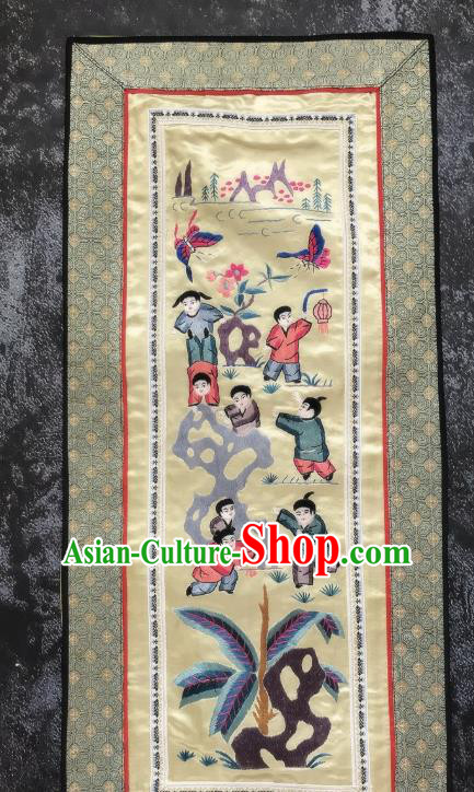 Chinese National Embroidered Boys Beige Silk Paintings Traditional Handmade Embroidery Decorative Picture Craft