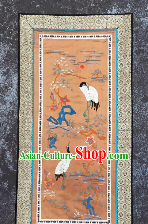 Chinese National Embroidered Pine Cranes Orange Silk Paintings Traditional Handmade Embroidery Decorative Picture Craft