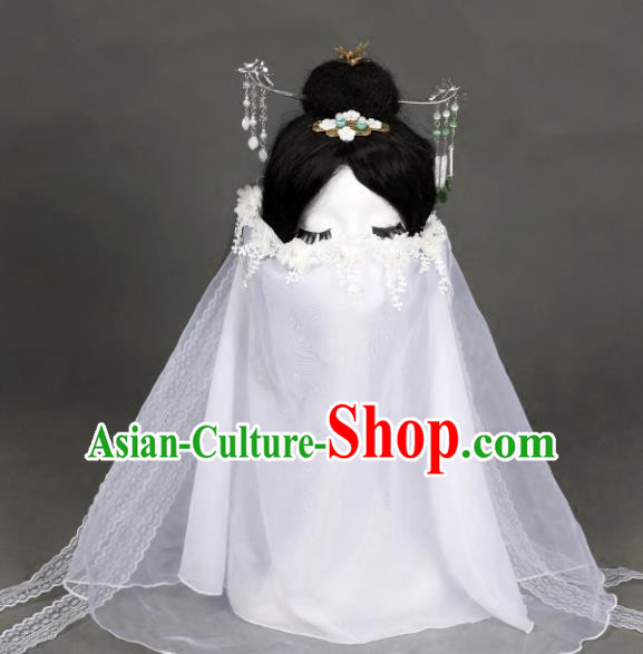Chinese Traditional Ancient Swordswoman White Flowers Mask Headwear Handmade Princess Hanfu Face Veil