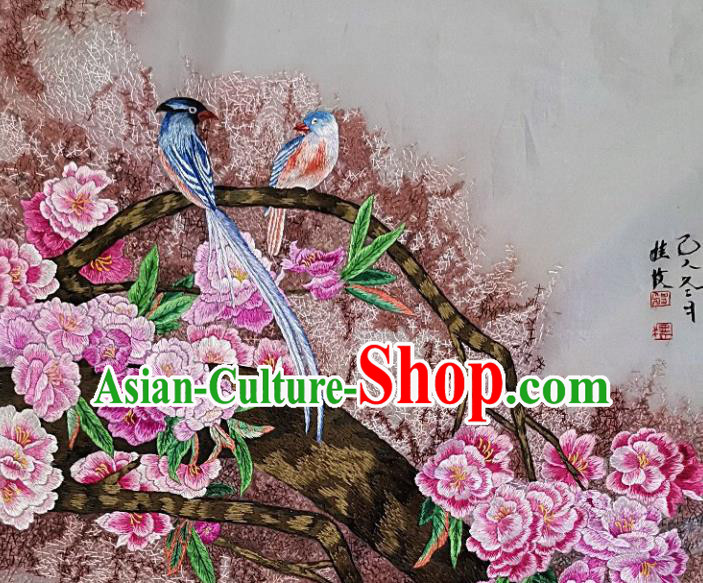 Traditional Chinese Embroidered Peach Flower Birds Fabric Hand Embroidering Dress Applique Embroidery Veil Patches Accessories