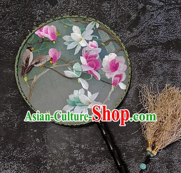 Chinese Traditional Embroidery Mangnolia Silk Palace Fans Handmade Embroidered Round Fan Craft